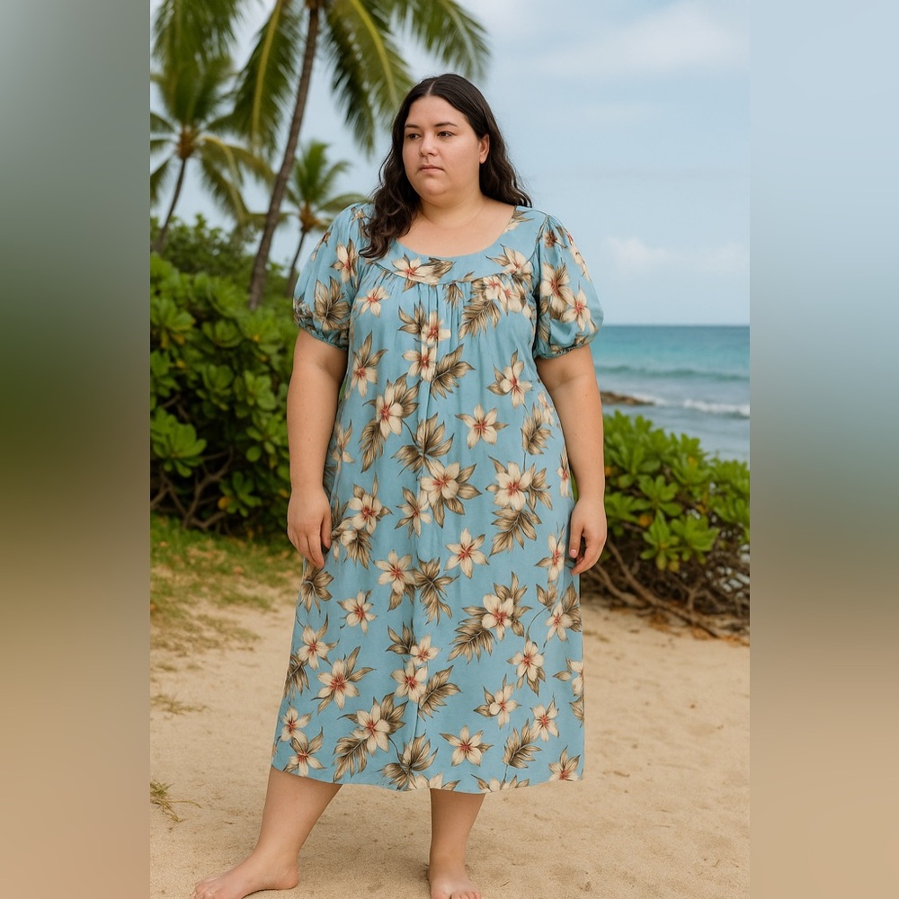 Hawaii Station Blue Floral Hawaiian Dress 2XL Cotton Made in Hawaii